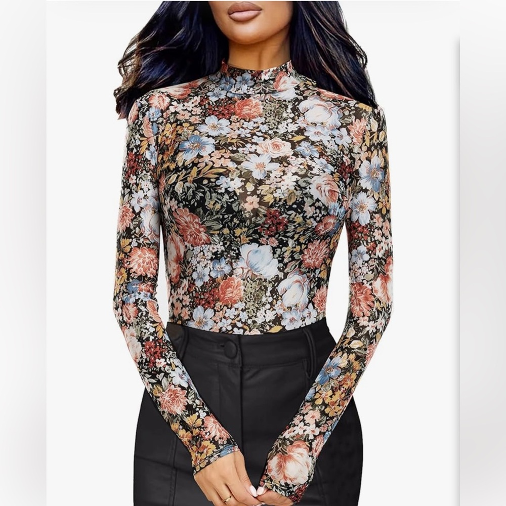 Floral Mesh High Neck Stretchy Long Sleeve Top